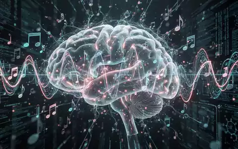 Abstrakte Darstellung von Gehirnaktivität mit leuchtenden Neuronen, Musiknoten und Schallwellen, die Datenströme kreuzen. - Foto: über boerse-global.de