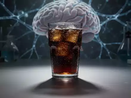Ein Glas mit einem dunklen, zuckerhaltigen Getränk, das lange Schatten wirft, mit unscharfen Andeutungen von neuronalen Pfaden im Hintergrund. - Foto: über boerse-global.de