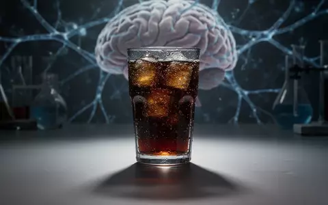 Ein Glas mit einem dunklen, zuckerhaltigen Getränk, das lange Schatten wirft, mit unscharfen Andeutungen von neuronalen Pfaden im Hintergrund. - Foto: über boerse-global.de