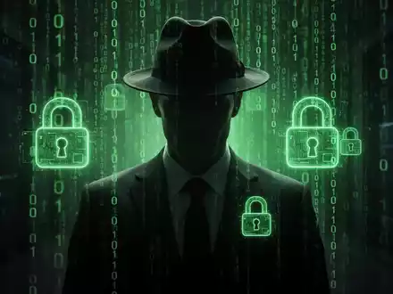 Verschwommene Gestalt in Anzug und Fedora vor grünem Binärcode und digitalen Schlosssymbolen, die Ransomware symbolisiert. - Foto: über boerse-global.de