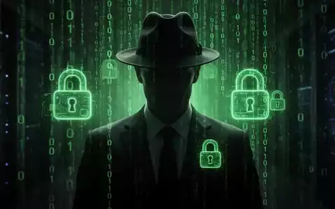 Verschwommene Gestalt in Anzug und Fedora vor grünem Binärcode und digitalen Schlosssymbolen, die Ransomware symbolisiert. - Foto: über boerse-global.de