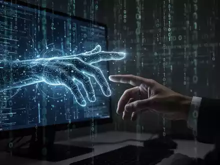 Eine digitale Hand reicht aus einem leuchtenden Bildschirm zu einer menschlichen Hand, umgeben von Binärcode, symbolisiert Cyber-Bedrohungen aus der Ferne. - Foto: über boerse-global.de