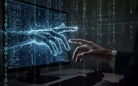 Eine digitale Hand reicht aus einem leuchtenden Bildschirm zu einer menschlichen Hand, umgeben von Binärcode, symbolisiert Cyber-Bedrohungen aus der Ferne. - Foto: über boerse-global.de