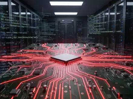 Leuchtend rote Platine mit abstrakten Code-Schnipseln, die die Entwicklung eines Botnets und Cyberbedrohungen symbolisiert. - Foto: über boerse-global.de