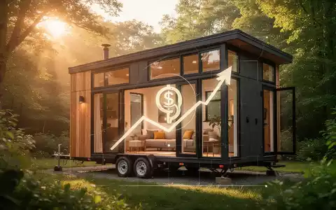 Ein modernes Tiny House auf Rädern in der Natur, mit einem subtilen Finanzsymbol überlagert, das Förderung darstellt. - Foto: über boerse-global.de