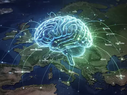 Digitale Illustration einer leuchtenden KI-Gehirnschnittstelle über einer Europakarte, symbolisiert technologische Regulierung. - Foto: über boerse-global.de