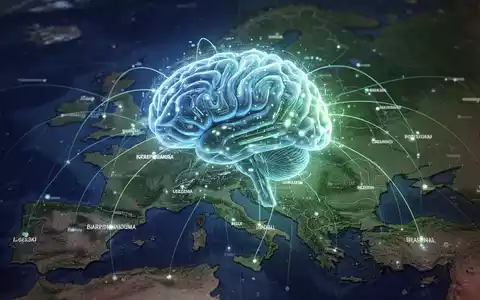 Digitale Illustration einer leuchtenden KI-Gehirnschnittstelle über einer Europakarte, symbolisiert technologische Regulierung. - Foto: über boerse-global.de