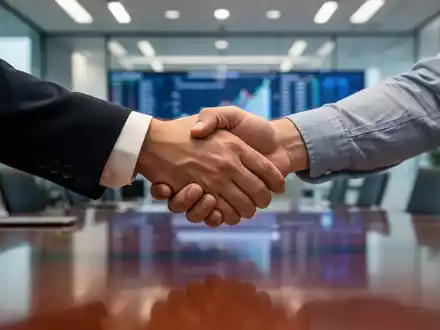 Zwei Hände schütteln sich fest über einem Konferenztisch, im Hintergrund unscharfe Büroeinrichtung. Symbolisiert Einigung und Verhandlungserfolg. - Foto: über boerse-global.de