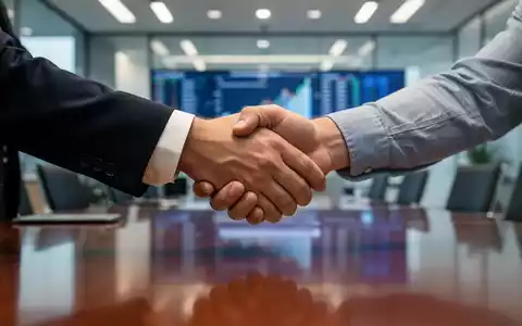 Zwei Hände schütteln sich fest über einem Konferenztisch, im Hintergrund unscharfe Büroeinrichtung. Symbolisiert Einigung und Verhandlungserfolg. - Foto: über boerse-global.de