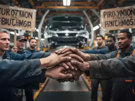 Hände von Fabrikarbeitern halten Protestschilder und sind in Solidarität verschränkt, im Hintergrund eine verschwommene Produktionslinie. - Foto: über boerse-global.de