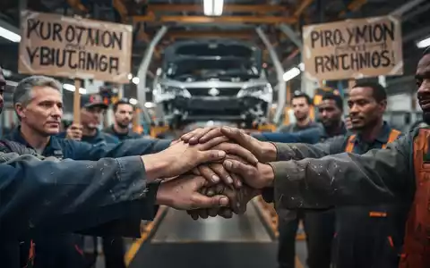 Hände von Fabrikarbeitern halten Protestschilder und sind in Solidarität verschränkt, im Hintergrund eine verschwommene Produktionslinie. - Foto: über boerse-global.de