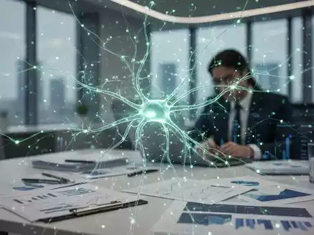 Abstrakte Darstellung eines leuchtenden neuronalen Netzes über einem modernen Büro, das die Integration von KI in die Buchhaltung symbolisiert. - Foto: über boerse-global.de