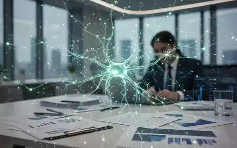 Abstrakte Darstellung eines leuchtenden neuronalen Netzes über einem modernen Büro, das die Integration von KI in die Buchhaltung symbolisiert. - Foto: über boerse-global.de