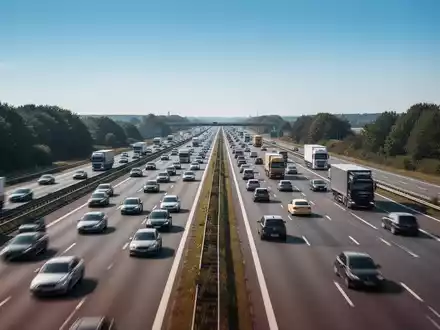 Eine vielbefahrene, aber fließende deutsche Autobahn unter blauem Himmel, die sich in die Ferne erstreckt, mit Autos und Lastwagen. - Foto: über boerse-global.de