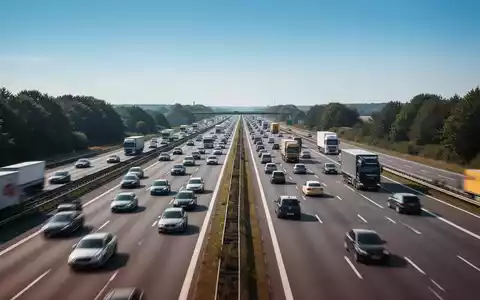Eine vielbefahrene, aber fließende deutsche Autobahn unter blauem Himmel, die sich in die Ferne erstreckt, mit Autos und Lastwagen. - Foto: über boerse-global.de