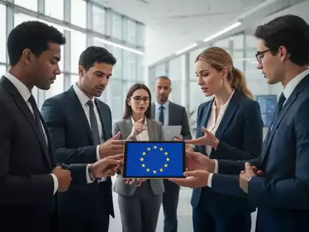 Geschäftsleute in einem modernen Büro, die sich austauschen und digitale Geräte nutzen, symbolisieren grenzüberschreitende Beschäftigung und EU-Regulierung. - Foto: über boerse-global.de