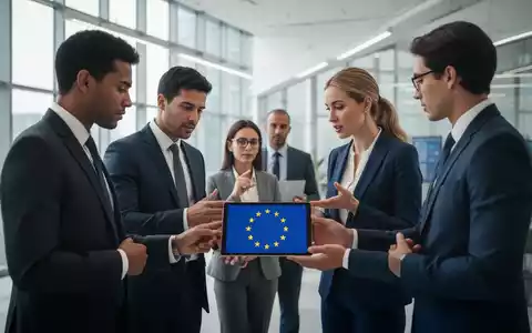 Geschäftsleute in einem modernen Büro, die sich austauschen und digitale Geräte nutzen, symbolisieren grenzüberschreitende Beschäftigung und EU-Regulierung. - Foto: über boerse-global.de