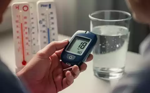 Eine Hand hält ein Blutzuckermessgerät, im Hintergrund verschwommen ein Thermometer mit hohen Temperaturen und ein Glas Wasser. - Foto: über boerse-global.de