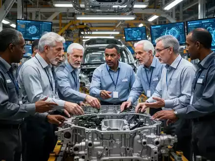 Erfahrene Ingenieure und Qualitätsprüfer inspizieren gemeinsam eine Automobilproduktionslinie mit KI-Schnittstellen im Hintergrund. - Foto: über boerse-global.de