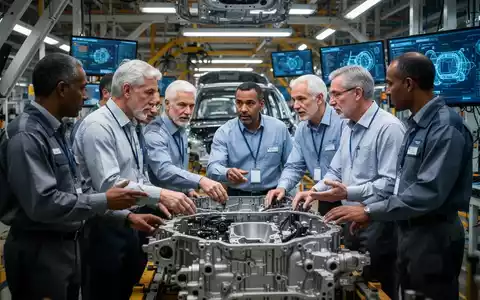 Erfahrene Ingenieure und Qualitätsprüfer inspizieren gemeinsam eine Automobilproduktionslinie mit KI-Schnittstellen im Hintergrund. - Foto: über boerse-global.de