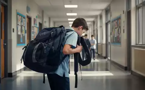 Ein Schulkind mit einem schweren, überdimensionierten Schulranzen geht durch einen modernen Schulflur, die Haltung ist leicht gebeugt. - Foto: über boerse-global.de