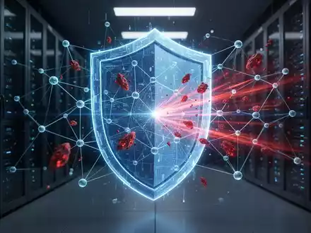 Ein stilisiertes, leuchtend blaues digitales Schild, das ein Netzwerk von Datenknoten schützt, während rote Datenpakete abgewehrt werden. - Foto: über boerse-global.de