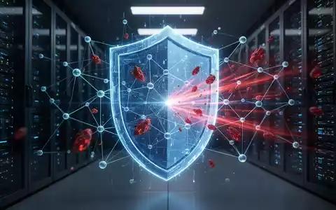 Ein stilisiertes, leuchtend blaues digitales Schild, das ein Netzwerk von Datenknoten schützt, während rote Datenpakete abgewehrt werden. - Foto: über boerse-global.de