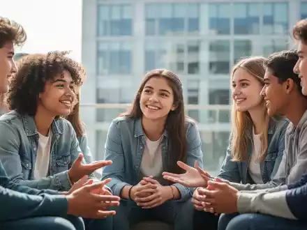 Jugendliche sitzen in einem Kreis und unterhalten sich, im Hintergrund ist ein unscharfes modernes Gebäude zu sehen. - Foto: über boerse-global.de