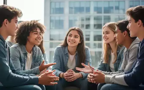 Jugendliche sitzen in einem Kreis und unterhalten sich, im Hintergrund ist ein unscharfes modernes Gebäude zu sehen. - Foto: über boerse-global.de