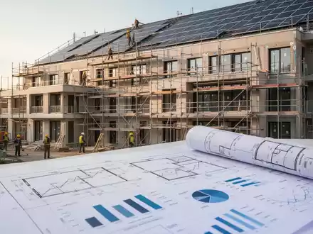 Ein modernes, energieeffizientes Wohngebäude unter Renovierung mit Solarmodulen, im Vordergrund Baupläne und Finanzdiagramme. - Foto: über boerse-global.de