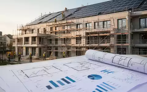 Ein modernes, energieeffizientes Wohngebäude unter Renovierung mit Solarmodulen, im Vordergrund Baupläne und Finanzdiagramme. - Foto: über boerse-global.de