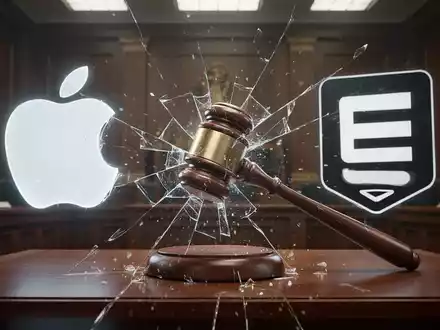 Stilisierte Gerichtsszene mit Apple-Logo und einem 'E' für Epic Games, verbunden durch einen zerbrochenen Hammer. - Foto: über boerse-global.de