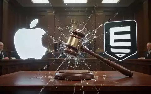 Stilisierte Gerichtsszene mit Apple-Logo und einem 'E' für Epic Games, verbunden durch einen zerbrochenen Hammer. - Foto: über boerse-global.de