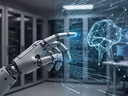 Eine hochentwickelte, blau schimmernde Roboterhand interagiert mit einer digitalen Code- oder Netzwerkoberfläche. - Foto: über boerse-global.de