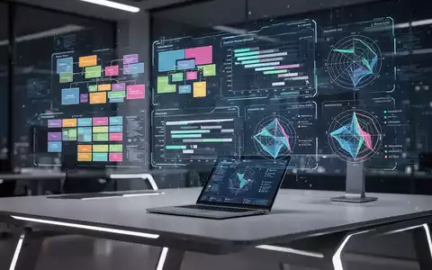 Holografische Schnittstelle projiziert erweiterte Datenvisualisierungen wie Baumkarten und Radardiagramme über einem modernen Schreibtisch mit Laptop. - Foto: über boerse-global.de