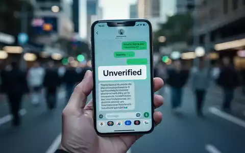Nahaufnahme einer Hand, die ein Smartphone mit einer als „Unverified“ gekennzeichneten SMS vor einem unscharfen Stadthintergrund hält. - Foto: über boerse-global.de
