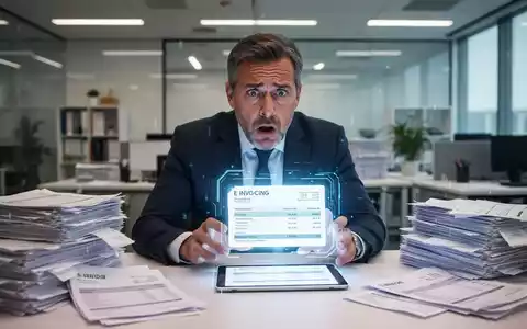 Ein Geschäftsinhaber, der zwischen Papierstapeln und einem leuchtenden digitalen E-Rechnungs-Tablet überfordert aussieht. - Foto: über boerse-global.de
