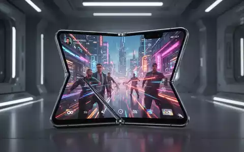 Ein schlankes, offenes faltbares Smartphone mit einem breiteren Bildschirm, der ein Video abspielt, in einer futuristischen Umgebung. - Foto: über boerse-global.de