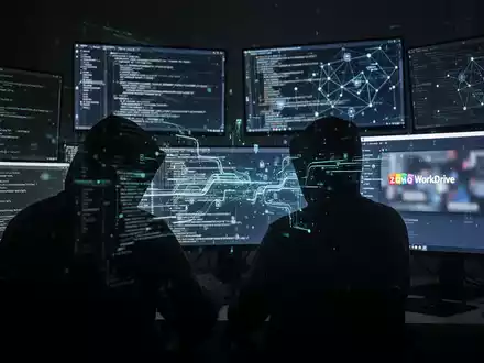 Eine Schattenfigur in einem dunklen Raum, erleuchtet von mehreren Bildschirmen mit Code und Netzwerkdiagrammen, symbolisiert Cyber-Spionage. - Foto: über boerse-global.de