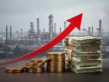 Eine aufwärts gerichtete rote Pfeilspitze neben einem Stapel von Münzen, die eine Beitragserhöhung symbolisiert, im Hintergrund eine Fabrik. - Foto: über boerse-global.de