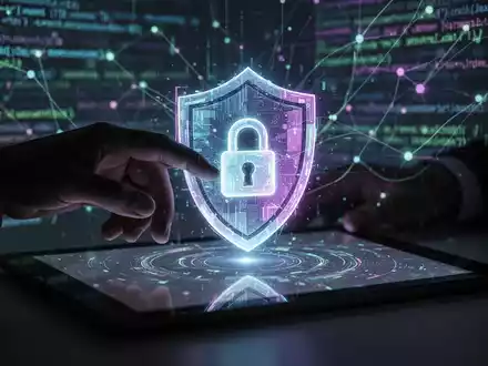 Eine Hand interagiert mit einem leuchtenden, abstrakten digitalen Schloss-Symbol auf einem Tablet-Bildschirm, umgeben von verschwommenen Codezeilen. - Foto: über boerse-global.de