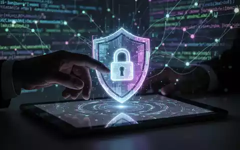 Eine Hand interagiert mit einem leuchtenden, abstrakten digitalen Schloss-Symbol auf einem Tablet-Bildschirm, umgeben von verschwommenen Codezeilen. - Foto: über boerse-global.de