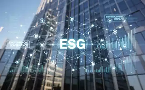Eine digitale ESG-Daten-Überlagerung mit Linien und leuchtenden Punkten auf einer verschwommenen modernen Bürogebäudefront. - Foto: über boerse-global.de