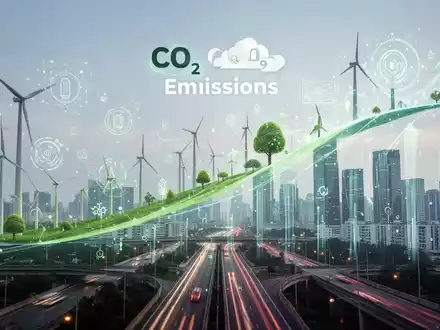 Grafische Darstellung fallender CO2-Emissionen, symbolisiert durch grüne Energie, Digitalisierung und städtische Infrastruktur. - Foto: über boerse-global.de