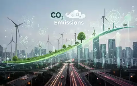 Grafische Darstellung fallender CO2-Emissionen, symbolisiert durch grüne Energie, Digitalisierung und städtische Infrastruktur. - Foto: über boerse-global.de