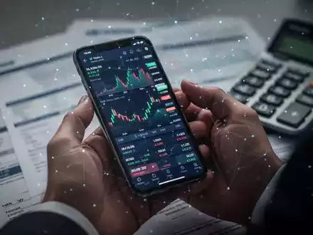 Eine Hand hält ein Smartphone mit einer Krypto-Handels-App, überlagert von einem digitalen Netz. Im Hintergrund verschwommene Finanzdokumente. - Foto: über boerse-global.de
