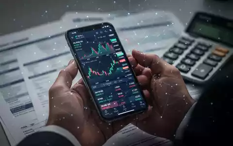 Eine Hand hält ein Smartphone mit einer Krypto-Handels-App, überlagert von einem digitalen Netz. Im Hintergrund verschwommene Finanzdokumente. - Foto: über boerse-global.de