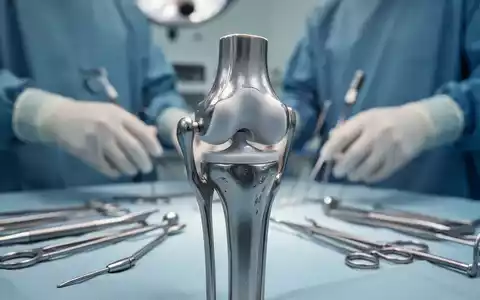 Nahaufnahme eines künstlichen Kniegelenk-Implantats in einem Operationssaal, mit unscharfen medizinischen Instrumenten im Hintergrund. - Foto: über boerse-global.de