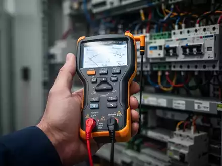 Eine Hand hält ein elektrisches Prüfgerät vor einem unscharfen Hintergrund mit Industriemaschinen, der Sicherheit und Präzision symbolisiert. - Foto: über boerse-global.de