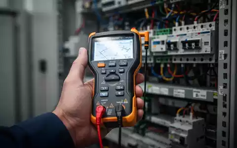 Eine Hand hält ein elektrisches Prüfgerät vor einem unscharfen Hintergrund mit Industriemaschinen, der Sicherheit und Präzision symbolisiert. - Foto: über boerse-global.de